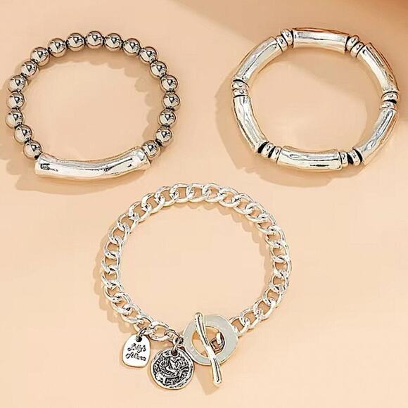 Stainless Steel Bracelet Set Chain Link Bamboo Statement Silver - Picture 4 of 6